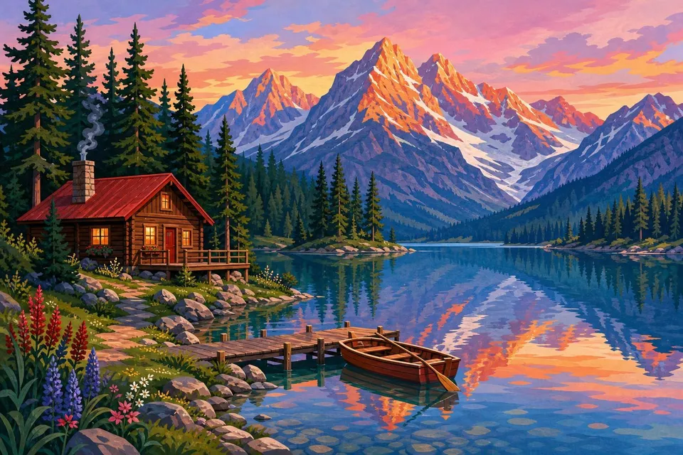 Cabaña de madera con tejado rojo junto a un lago tranquilo, con embarcadero y montañas