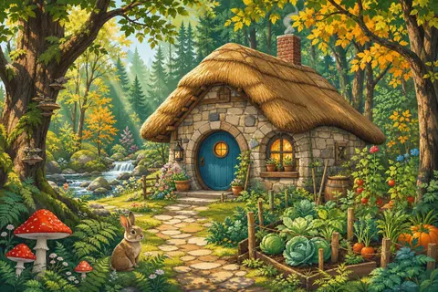 Casita de piedra con tejado de paja y puerta redonda azul en un claro del bosque con helechos y setas