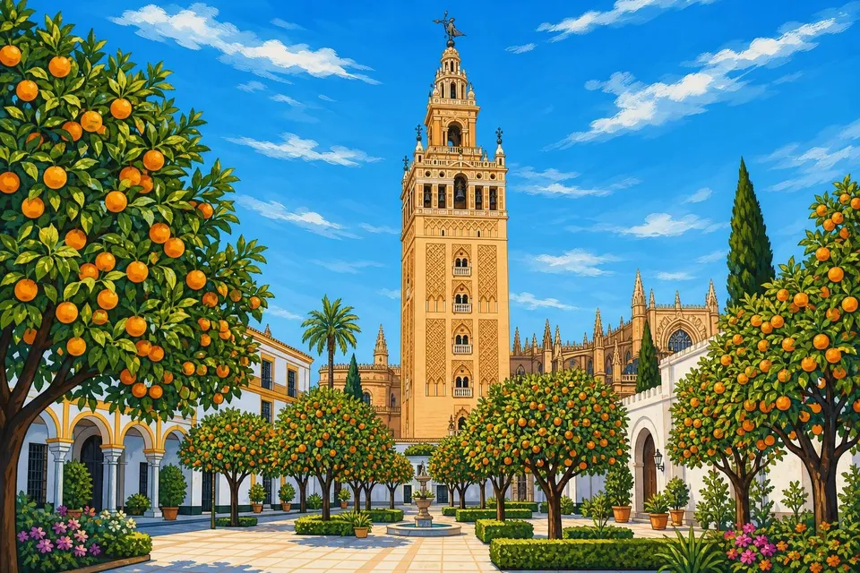 Torre de la Giralda de Sevilla vista desde un patio de naranjos bajo un cielo azul