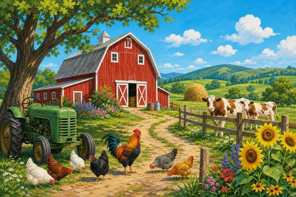 Granja con establo rojo, tractor verde, gallinas, vacas y girasoles en verano