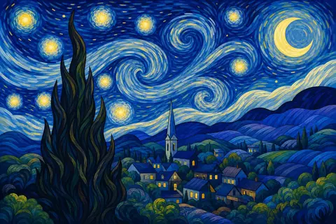Cielo azul en remolinos con estrellas amarillas sobre un pueblo y un ciprés oscuro