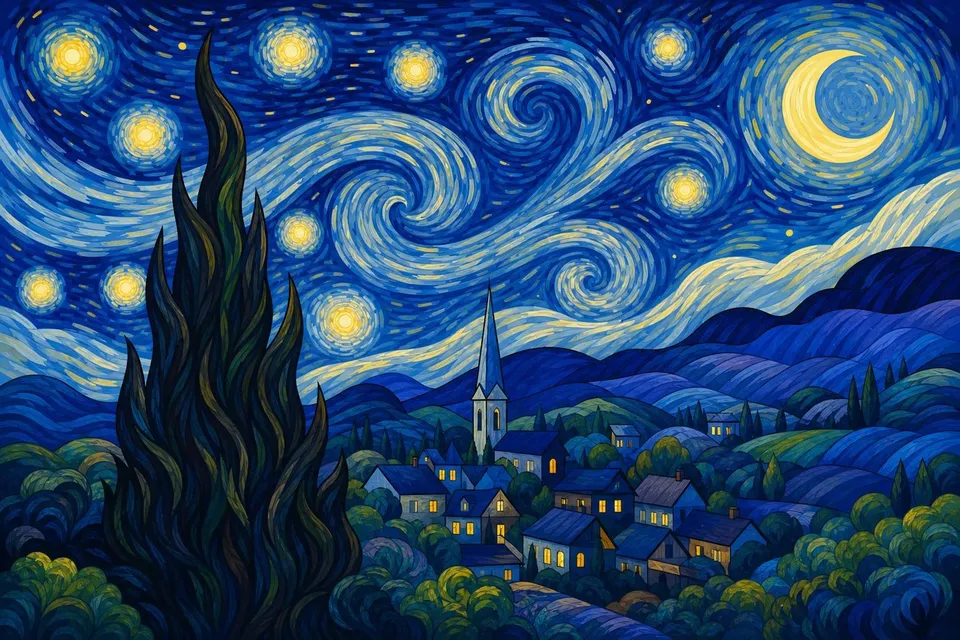Cielo azul en remolinos con estrellas amarillas sobre un pueblo y un ciprés oscuro
