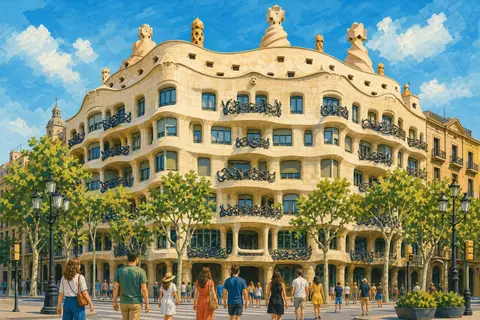 Fachada ondulada de La Pedrera en Barcelona con balcones de hierro y chimeneas en el tejado