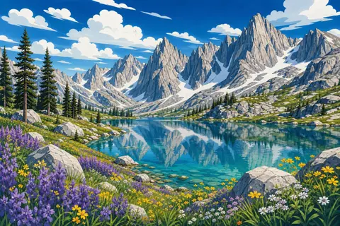 Lago de alta montaña rodeado de picos de granito con nieve y flores en la orilla