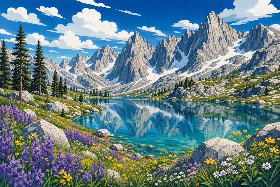 Lago de alta montaña rodeado de picos de granito con nieve y flores en la orilla