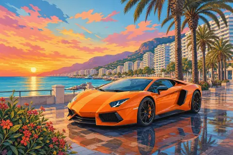 Superdeportivo naranja de líneas angulosas junto a palmeras y el mar al amanecer