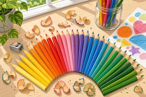 Lápices de colores afilados en abanico sobre una mesa de madera con virutas