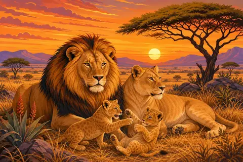 Familia de leones con macho de melena, leona y dos cachorros en la sabana al atardecer