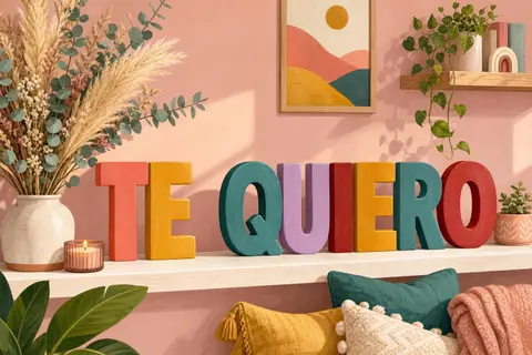Letras de madera de colores formando el mensaje te quiero sobre una balda blanca