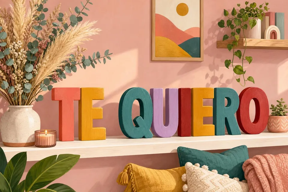 Letras de madera de colores formando el mensaje te quiero sobre una balda blanca