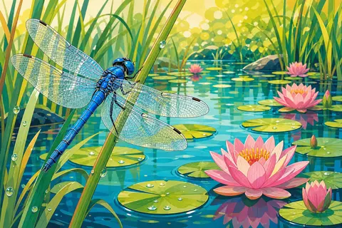Libélula azul posada en una caña sobre un estanque con nenúfares rosas y reflejos verdes