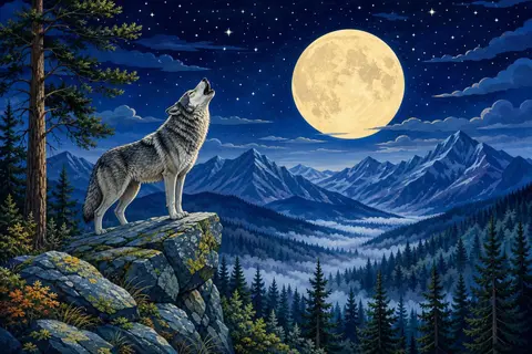 Lobo gris aullando sobre una peña delante de una gran luna llena