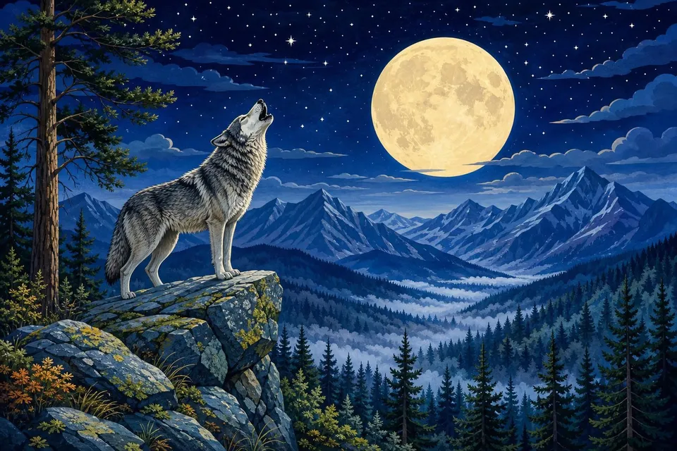 Lobo gris aullando sobre una peña delante de una gran luna llena