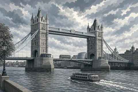 Tower Bridge de Londres en tonos de gris con un autobús de dos pisos y el Támesis