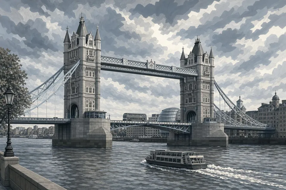Tower Bridge de Londres en tonos de gris con un autobús de dos pisos y el Támesis