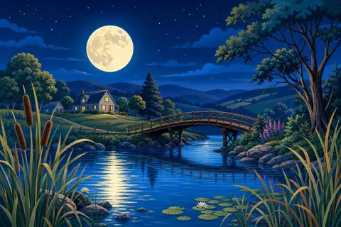 Luna llena sobre colinas oscuras reflejada en un río con juncos y un puente