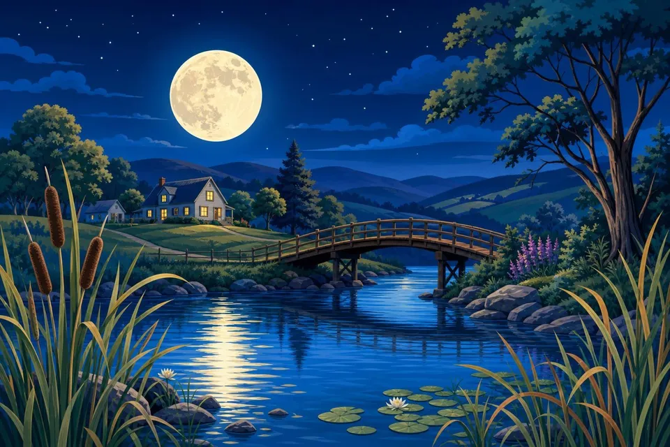 Luna llena sobre colinas oscuras reflejada en un río con juncos y un puente
