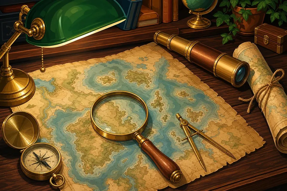 Lupa de latón sobre un mapa antiguo junto a una brújula, un compás y un catalejo