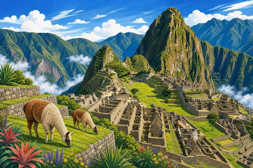 Ciudadela de Machu Picchu con terrazas verdes, el pico Huayna Picchu y dos llamas