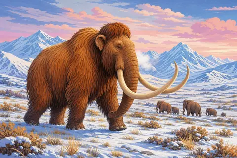 Mamut lanudo de pelo castaño con grandes colmillos caminando por una estepa nevada