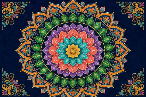 Mandala simétrico de anillos de pétalos de colores sobre un fondo azul marino