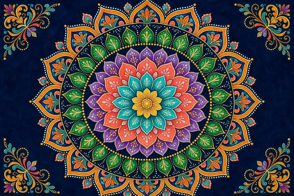 Mandala simétrico de anillos de pétalos de colores sobre un fondo azul marino