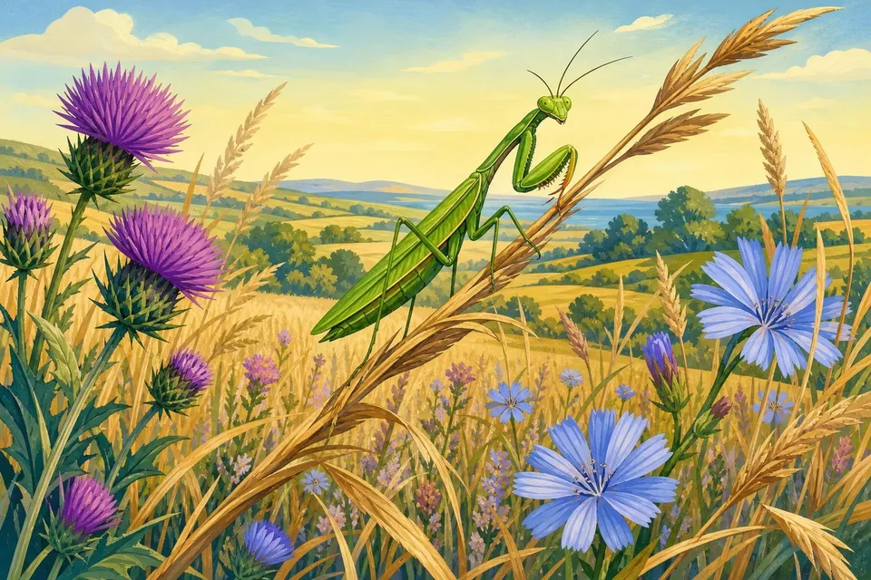 Mantis religiosa verde con las patas plegadas sobre un tallo seco entre flores