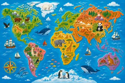 Mapa del mundo ilustrado para niños con continentes de colores, animales, barcos y ballenas en un océano azul