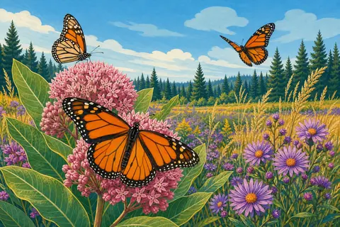 Mariposa monarca con las alas abiertas sobre flores rosas en un prado