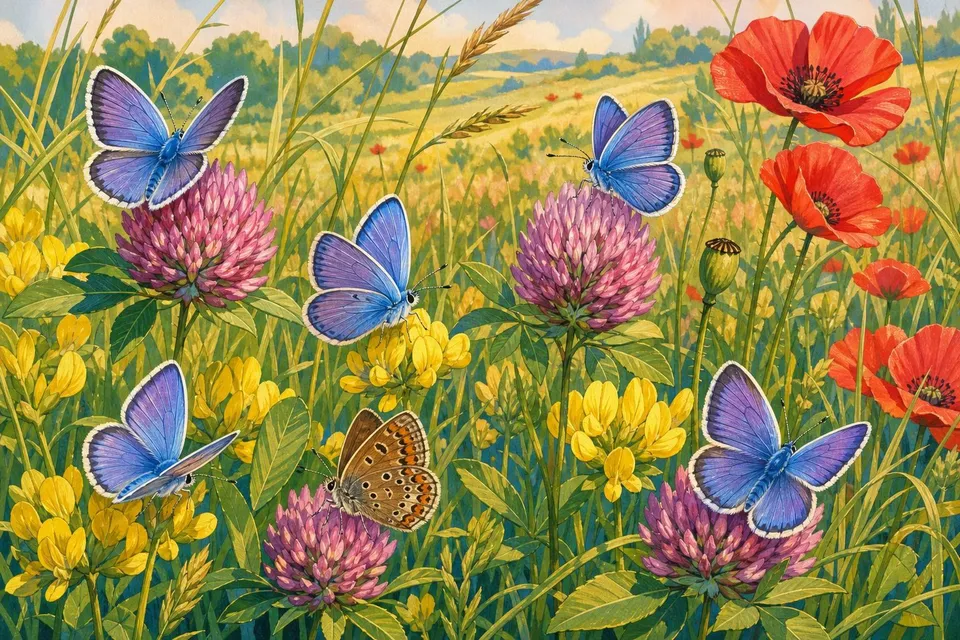 Varias mariposas azules posadas sobre tréboles y flores amarillas en un prado