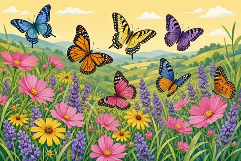 Siete mariposas de alas azules, naranjas y moradas sobre un prado de flores rosas, amarillas y lavanda