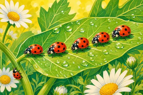 Cinco mariquitas rojas con lunares negros sobre una hoja verde con gotas de rocío