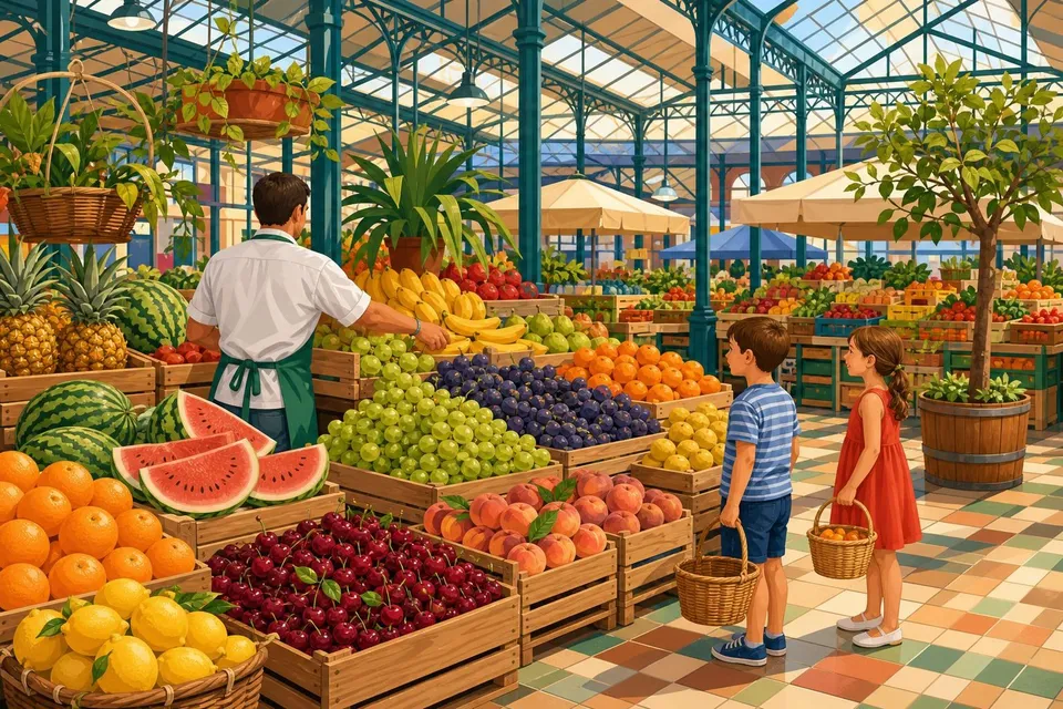Puesto de mercado con cajas de naranjas, cerezas, uvas y sandías bajo un techo de cristal