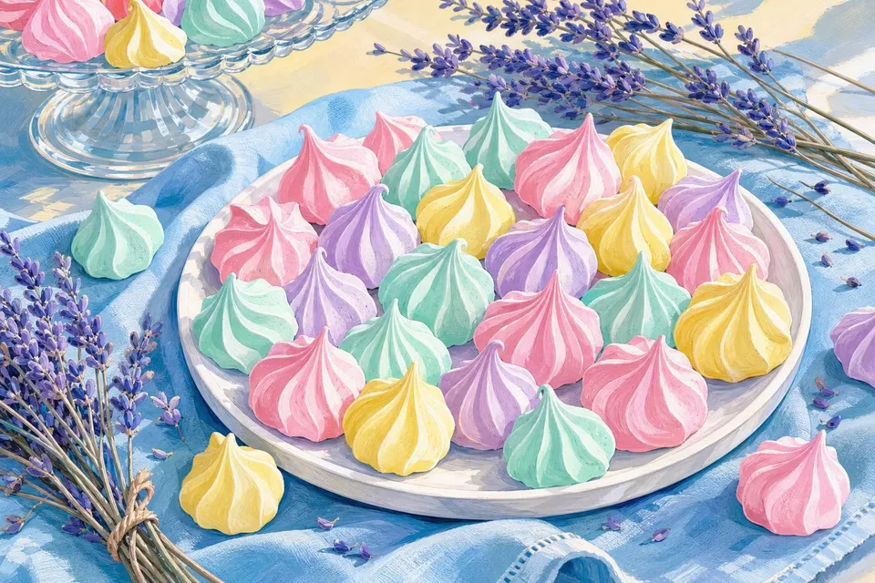 Bandeja blanca llena de merengues pequeños en rosa, verde menta, lila y amarillo