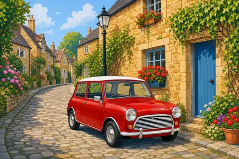Mini clásico rojo de techo blanco aparcado en una calle empedrada con flores