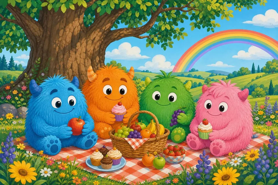Cuatro monstruos peludos de colores sentados en una manta de cuadros con fruta y pastelitos bajo un roble