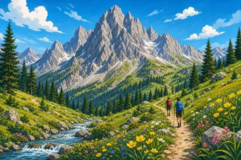 Pico de roca gris sobre praderas con flores, pinos y dos excursionistas de espaldas