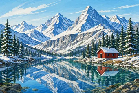 Cumbres nevadas con sombras azules, abetos, un lago quieto y una cabaña roja