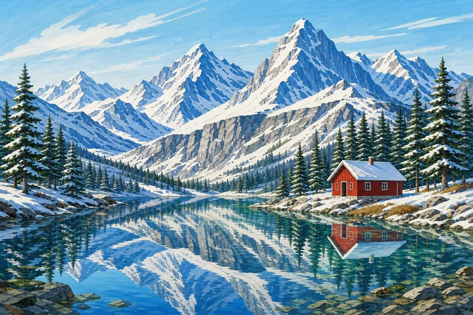 Cumbres nevadas con sombras azules, abetos, un lago quieto y una cabaña roja