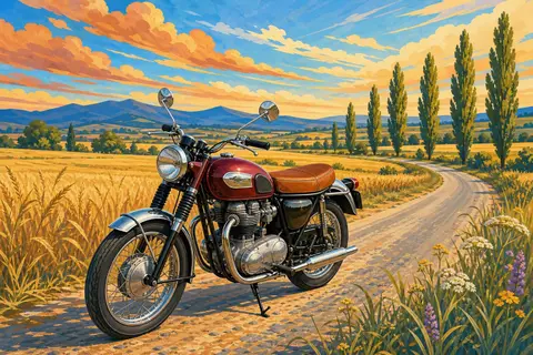 Moto clásica granate con cromados aparcada junto a una carretera entre campos de trigo