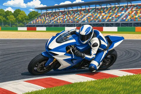 Moto de carreras azul y blanca tumbada en una curva junto a pianos rojos y blancos