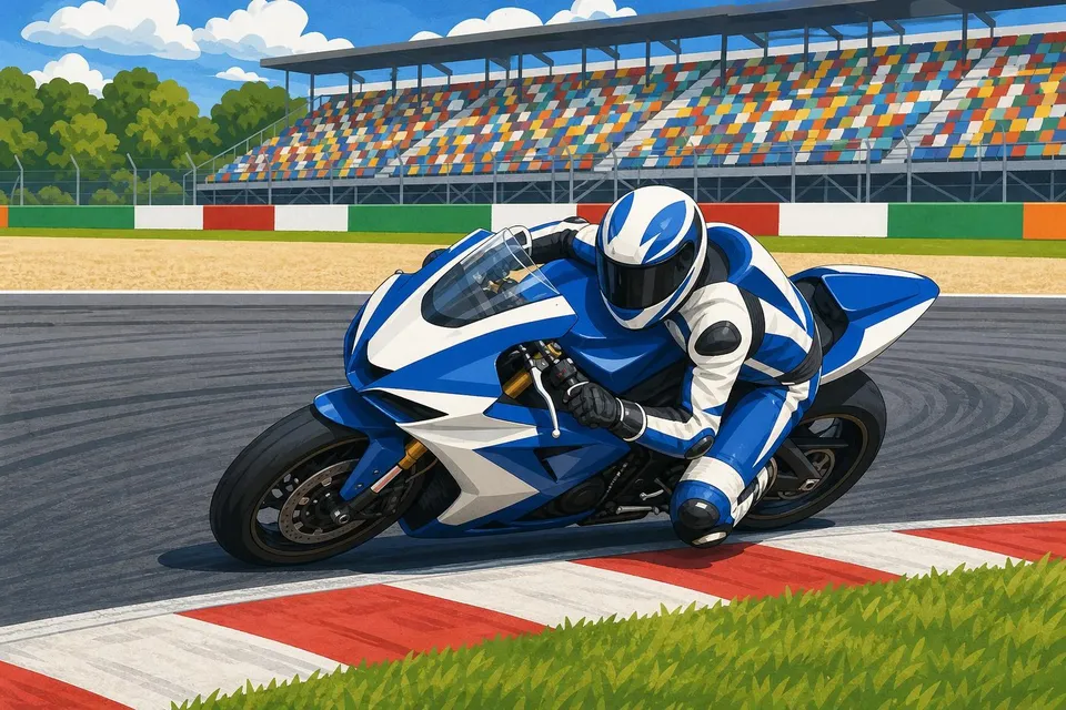 Moto de carreras azul y blanca tumbada en una curva junto a pianos rojos y blancos