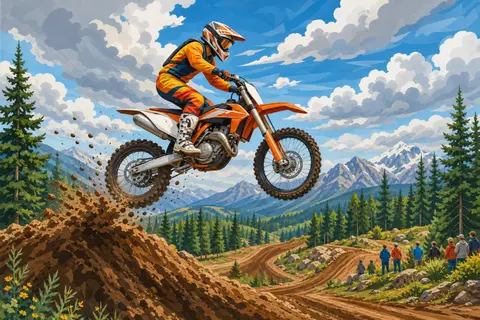 Moto de motocross naranja en el aire sobre un salto de tierra con barro