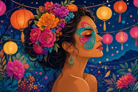 Mujer de perfil con una mariposa de colores pintada en la cara y flores
