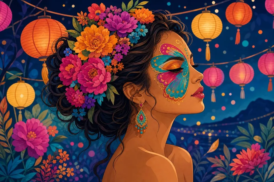 Mujer de perfil con una mariposa de colores pintada en la cara y flores