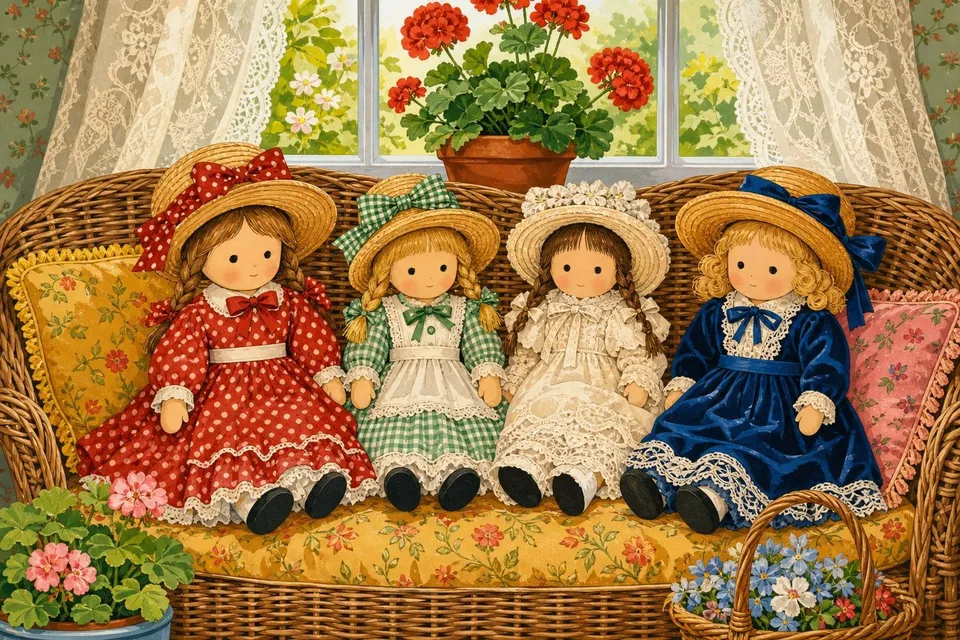 Cuatro muñecas antiguas con vestidos distintos sentadas en un banco de mimbre