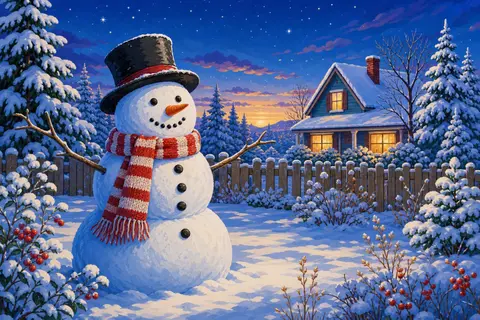 Muñeco de nieve con bufanda roja y sombrero negro delante de una casa iluminada