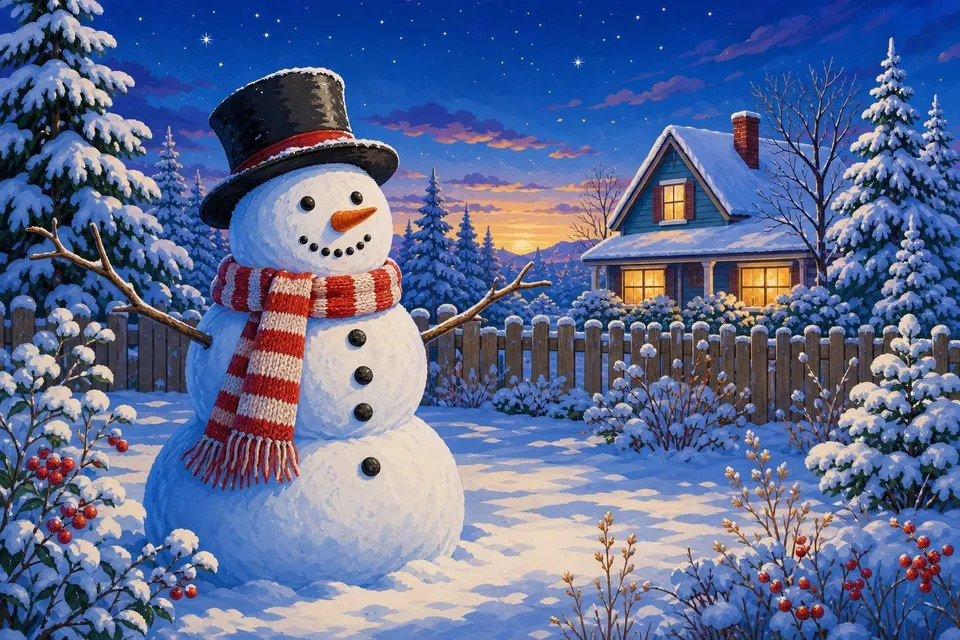 Muñeco de nieve con bufanda roja y sombrero negro delante de una casa iluminada