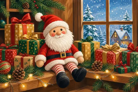 Muñeco de Papá Noel de trapo sentado entre regalos, ramas de pino y luces cálidas