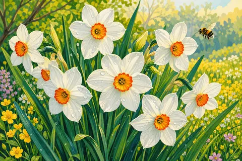 Narcisos blancos con corona naranja entre hojas largas y fondo verde desenfocado